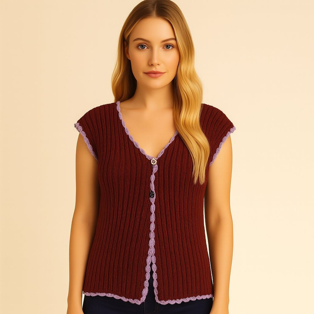 Burgundy Hand-Knit Top with Purple Trim Boho CottageCore Size Med